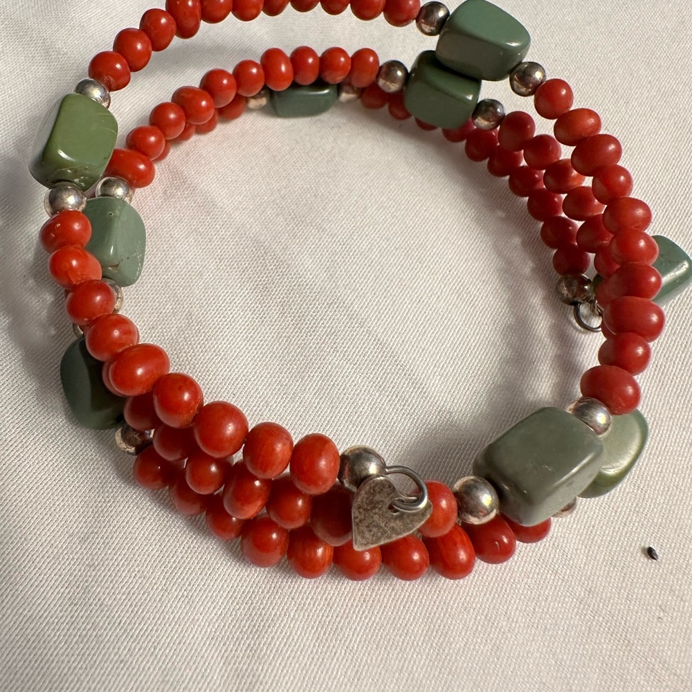 Elegant Red coral and Green  turquoise Beaded  wrap around Bracelet. 925